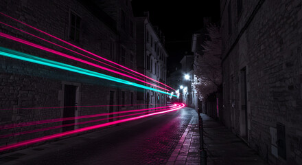 Neon Streaks Illuminate a Historic Street At Night with Light Painting