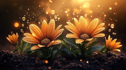 Golden flowers bathed in warm light, glistening with dew drops