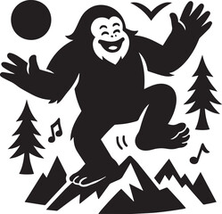 Fototapeta premium A cute Yeti black and white is dancing on the mountain silhouette vector design