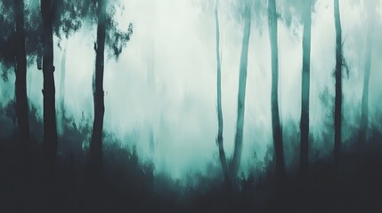 Obraz premium Misty, ethereal forest scene with dark silhouettes.