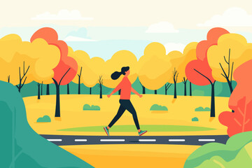 Woman walking in a colorful autumn park scene.