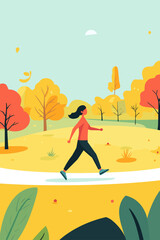 Woman walking in a colorful autumn park scene.