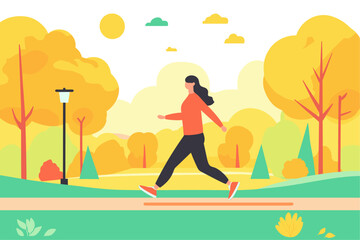 Woman walking in a colorful autumn park scene.