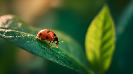 Fototapeta premium A ladybug climbing a vibrant green leaf, with a focus on the fine details of its black spots and smooth red shell. The light creates a warm, glowing effect on the leaf.