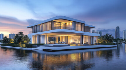 modern riverside house with glowing lights, surrounded by water and palm trees, exuding