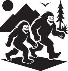 Fototapeta premium two Bigfoot Yetis black and white is running on the mountain silhouette vector design