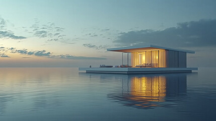 modern riverside house with glowing lights reflects beautifully on calm waters at sunset