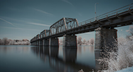Majestic Iron Bridge Over Still Waters on a Calm Winter Day