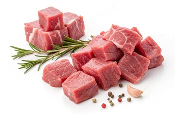 Raw chopped lamb fillet diced tenderloin or cubed isolated on white background