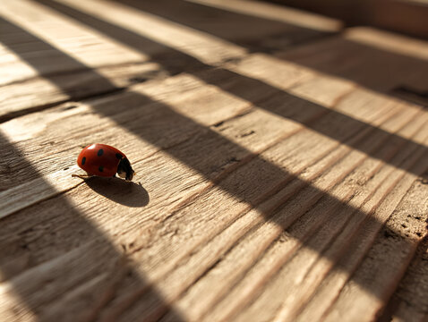 A ladybug crawling along the smooth surface of a wooden deck, the light casting long shadows. The rich red color of its shell contrasts against the warm tones of the wood.