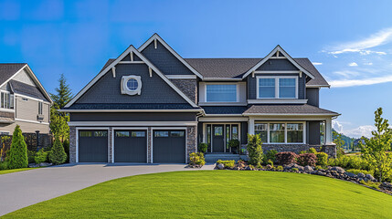 Obraz premium beautiful American suburban house with double garage and manicured lawn, showcasing modern