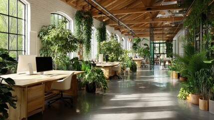 Fototapeta premium A sunlit modern office interior with lush indoor plants and greenery, creating an eco-friendly, sustainable workplace with natural lighting, designed for a vibrant and productive work environment.