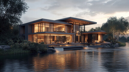 Fototapeta premium Modern house with large windows and serene water view, showcasing architectural elegance