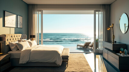 Ocean view bedroom with large window and comfortable bed