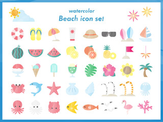 シンプルなビーチと海の生き物水彩風ベクターイラストセット - Simple Beach and Sea Creatures Watercolor Style Vector Illustration Set