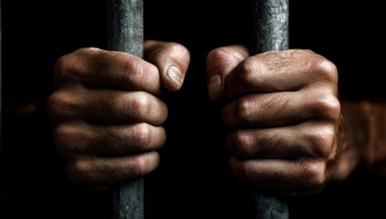 Hands Gripping Prison Bars in Darkness