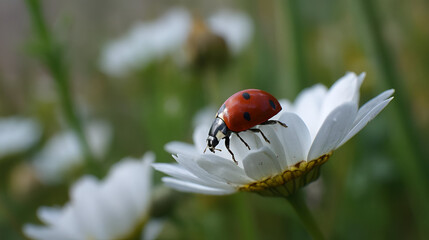 Obraz premium A ladybug crawling on the petals of a white daisy, its red body and black spots popping against the flower's soft white petals. The background is a blurred green meadow.