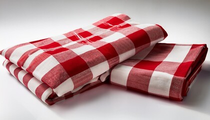red and white checked picnic blankets folded and draped on white background