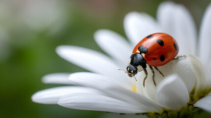 Fototapeta premium A ladybug crawling on the petals of a white daisy, its red body and black spots popping against the flower's soft white petals. The background is a blurred green meadow.