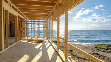 beachfront house frame under construction with ocean views, showcasing natural beauty