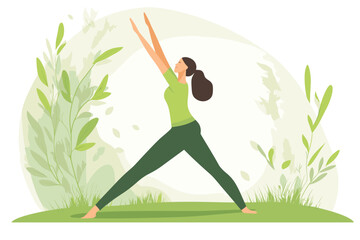 A joyful woman practicing yoga amidst green plants.
