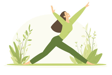 A joyful woman practicing yoga amidst green plants.