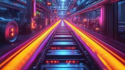 Futuristic conveyor belt in a high-tech factory with vibrant lights and machinery in action