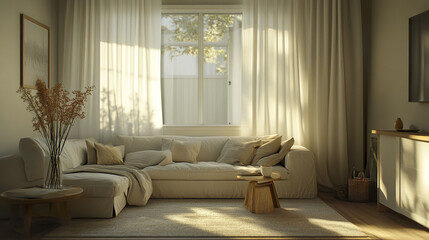 Obraz premium cozy living room with neutral palette, featuring soft textures and natural light