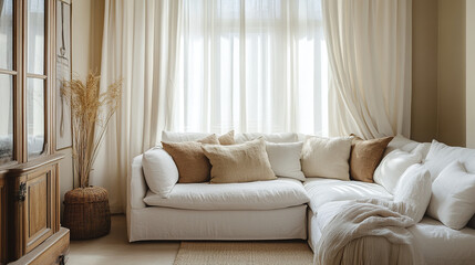 Cozy living room with neutral palette, featuring comfortable sofa and natural light