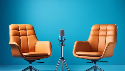 two modern chairs and microphone on a blue background for podcast