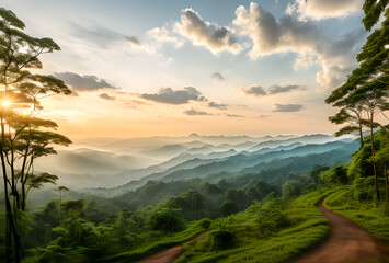 Fototapeta premium A scenic mountain road winding through lush green hills under a golden sunset sky. Misty layers of mountains create depth and tranquility, perfect for travel, adventure, and nature themes