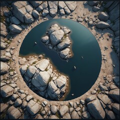 aerial view showcases a tranquil landscape with a circular water feature surrounded by lush greenery and rocks