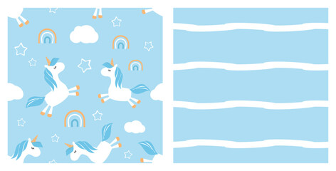 Seamless patterns with unicorn cartoons, star, rainbows, cloud and white stripe on blue sky backgrounds vector.