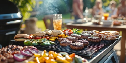 A barbecue with a variety of meats and vegetables on a grill.