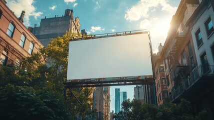 Blank billboard on city street, sunlight, buildings.