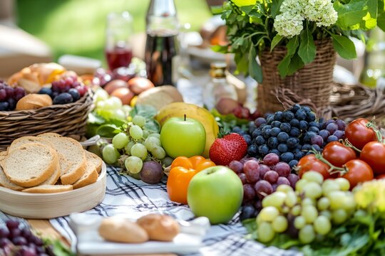 A table full of fruits and vegetables including apples, grapes, tomatoes.
