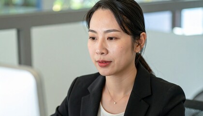 Fototapeta premium 現代的なオフィス空間で、黒いスーツを着た日本人女性ビジネスマンがパソコンを操作し真剣に仕事に取り組む