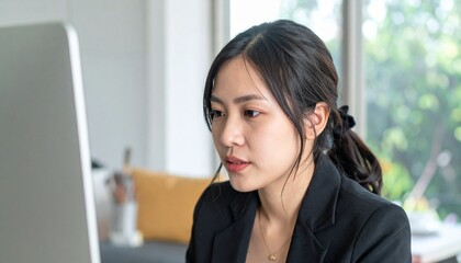 Fototapeta premium 現代的なオフィス空間で、黒いスーツを着た日本人女性ビジネスマンがパソコンを操作し真剣に仕事に取り組む