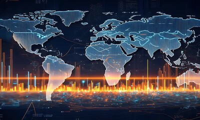 Digital world map with glowing financial graph showing global market trends and stock data visualization. - Powered by Adobe