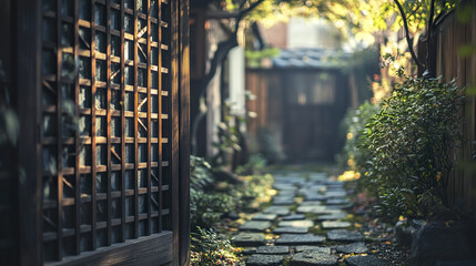 serene pathway leads through traditional Japanese garden, surrounded by lush greenery and wooden