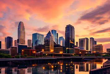 big glass cities skyline at sunset