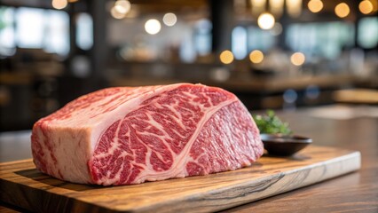 Juicy marbled A5 Wagyu beef cut on a wooden board with a blurred background.