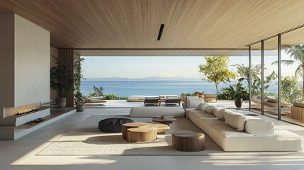 serene coastal modern interior featuring panoramic sea views, inviting relaxation