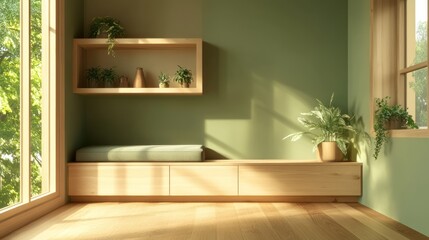 Light filled living room with wooden fixtures, green walls. Interior design