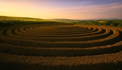 Side angle of Keyline-designed vegetable beds, following natural land contours, with soft golden light highlighting organic curves, illustrating sustainable water management and garden layout