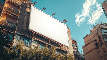 Large blank billboard on building facade in city.