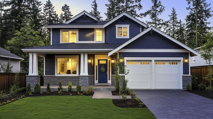 Obraz premium Contemporary cottage house with gray facade and bright exterior, surrounded by greenery