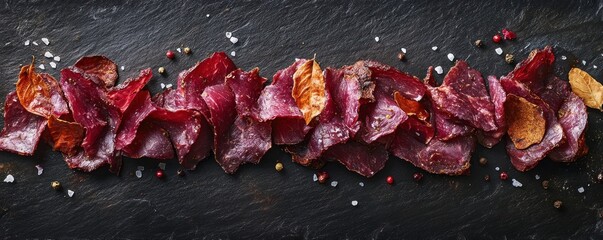 Dehydrated meat slices arranged on a dark surface