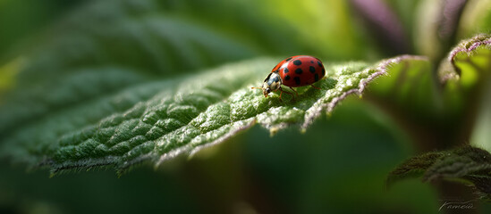 Fototapeta premium A ladybug resting on the underside of a leaf, the surface textured with fine veins. The sunlight shines through the leaf, casting a soft glow on the ladybug's body.