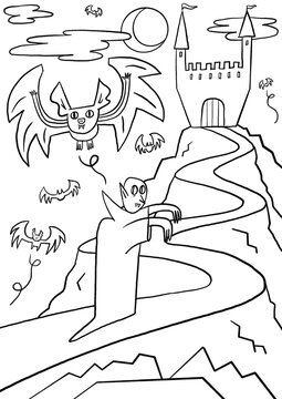 A Vampire Going to a Haunted Castle surrounded by Bats